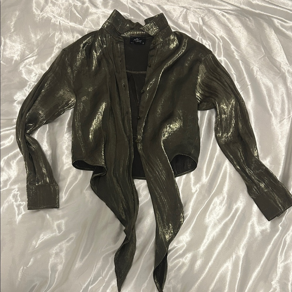 Metallic Olive Button-Up Blouse